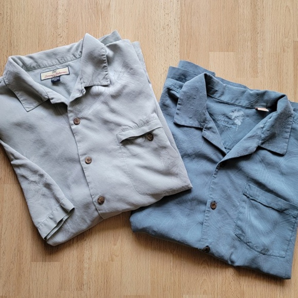 Tommy Bahama Mens Silk Camp Shirts Bundle 2pk Floral Jacquard Grey Blue Large‎